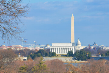 Washington DC skyline in the winter - The major Monuments and Capitol building in the view
