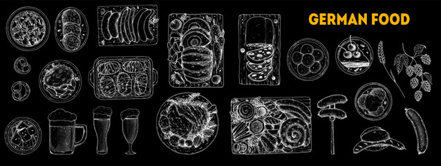 German food menu sketches. Hand drawing collection. Hand drawn vector illustration. German cuisine. Black and white. Engraved style. German Food sketch illustration