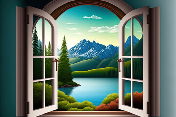 a closed window with a lovely outside view of a resort and some relaxation. Generative AI