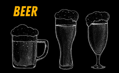 Mug and glasses of beer sketch. Hand drawn vector illustration.