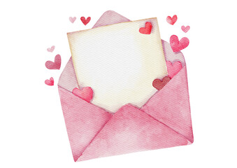 Pink envelope with blank paper and hearts in watercolor style.