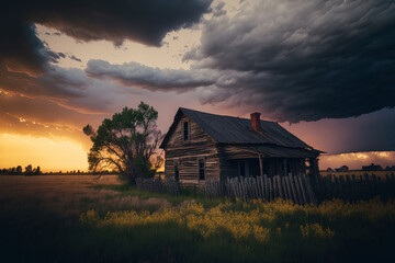 Sunset and storm clouds above an old wooden home in the countryside. Around the home, there is a little meadow of grass. Generative AI