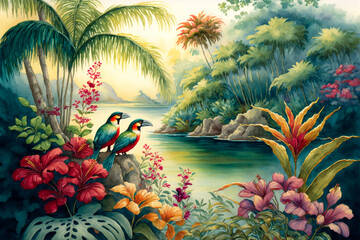 Watercolor tropical summer paradise scene with river, leaves. flowers, and birds. Generative AI.
