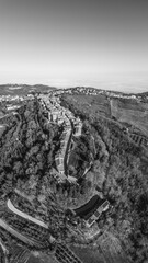 Italy, December 2022: aerial view of the beautiful medieval village of Mondaino in the province of Rimini in the Emilia Romagna region bordering the Marche region