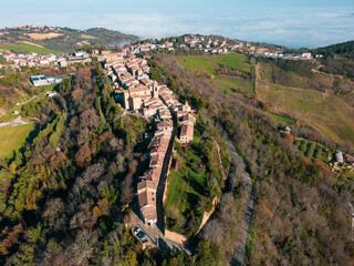 Italy, December 2022: aerial view of the beautiful medieval village of Mondaino in the province of...