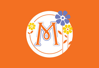 Floral monogram letter M. Initial alphabet with botanical elements. Floral alphabet vector design