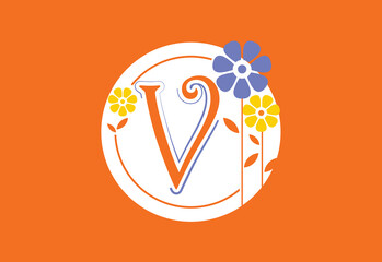 Floral monogram letter V. Initial alphabet with botanical elements. Floral alphabet vector design