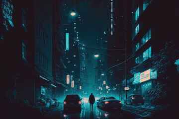 Street in a futuristic metropolis with neon lights at night. a futuristic vintage street scene. Generative AI