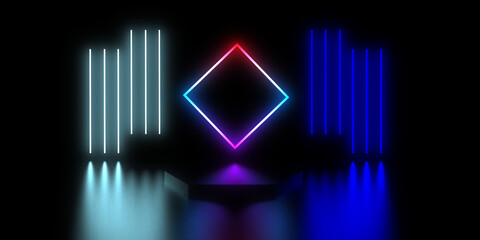 3D abstract background with neon lights. neon tunnel  .space construction . .3d illustration