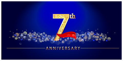 7 anniversary celebration. 7th anniversary celebration.  7 year anniversary celebration logo with glitter, confetti, red ribbon and blue background.