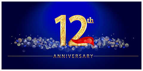12 anniversary celebration. 12th anniversary celebration. 12 year anniversary celebration logo with glitter, confetti, red ribbon and blue background.