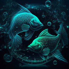 Pisces sign, zodiac, cosmos, pisces, 3d, sea, cyan,
generated by AI
