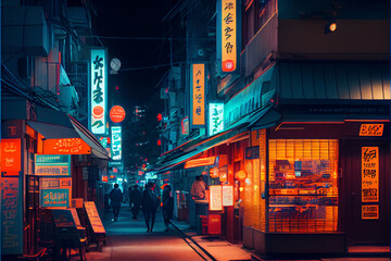 Fototapeta na wymiar Neon illuminated city streets drawn by Artificial Intelligence