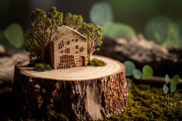 Outside, on a tree stump, are wooden home models. Conceptual representation of wood as a sustainable and renewable construction resource for wooden architecture. Generative AI