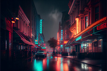 Fototapeta na wymiar Neon illuminated city streets drawn by Artificial Intelligence