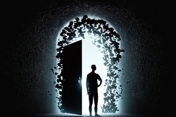 Obraz premium direction of digital technology The silhouette of a prosperous guy may be seen through the keyhole as the businessperson masters cloud computing. the entrance to the field of computer science