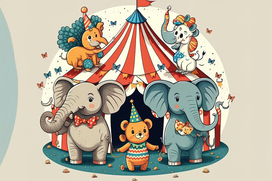 White doves, an elephant on a ball, a monkey juggler, a tiger jumping through a fire ring, and more adorable circus animals. Funny animal cartoon performers in a circus or amusement park. Generative