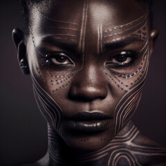 Portrait of a afro girl with tattoo, african style, face tattoo - Generative AI