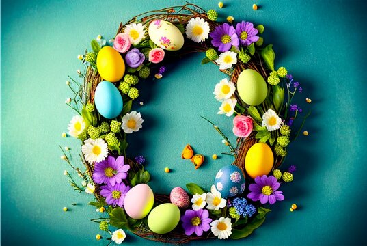 eggs and flowers spring wreath, generated image