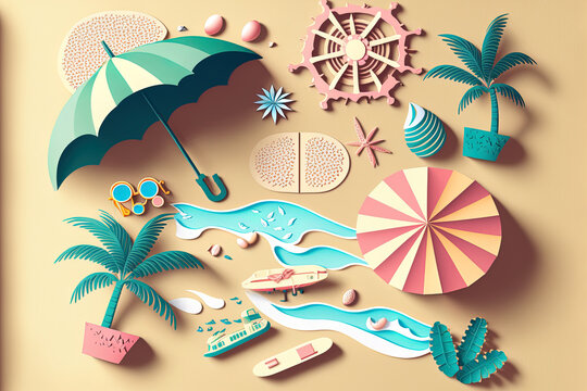 aerial picture of a sandy beach with surfboards and other beach accessories. aerial picture of a beach in the summer. papercutting and craft design. illustration, . Generative AI