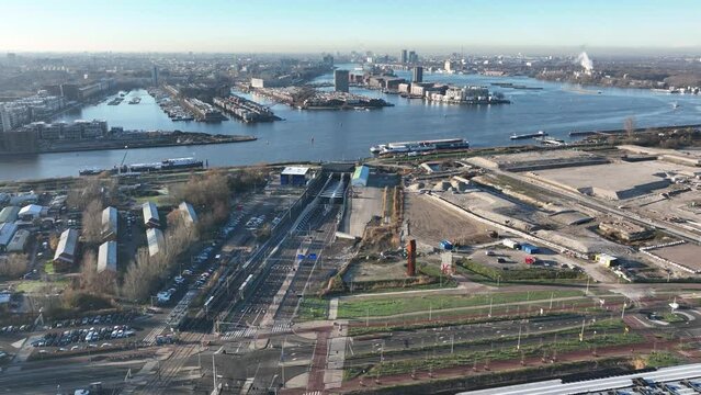 Amsterdam, 14th of December 2022, The Netherlands. Piet Heintunnel renovation a tunnel in East Amsterdam. Connects center of Amsterdam with the Zeeburgereiland. Aerial