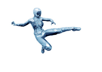 Fototapeta na wymiar cosmonaut girl is doing a side kick on white background