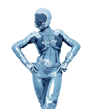 cosmonaut girl is doing a pin up pose on white background