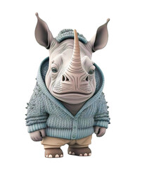Cute adorable rhino wearing a sweather on a transparant background
