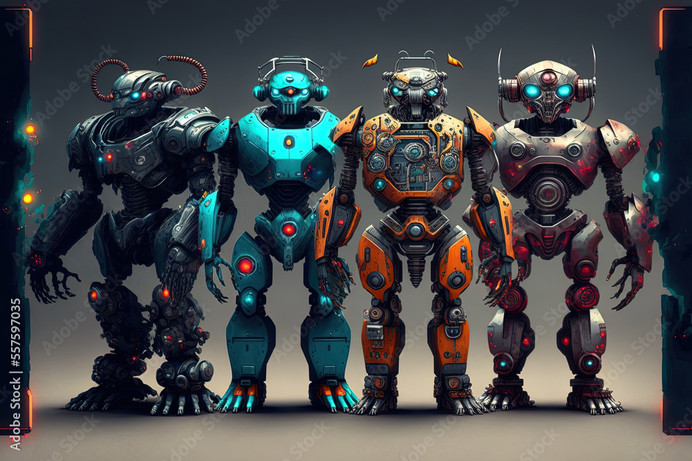 Poster collection of realistic robot characters. generative ai