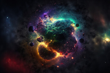 Fototapeta na wymiar Black background with multicolored fractal nebula dust. Generative AI