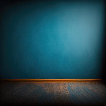 Abstract blue room studio background for product presentation. Empty room with wood flooring . 3d room with copy space. Blue concert. Blurred backdrop made with Generative AI