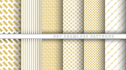 A set of seamless gold geometric and abstract patterns on a white background. An ornament for creating covers, banners, posters, texture prints and creative design