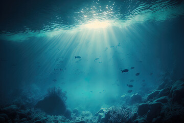 Fototapeta na wymiar Underwater light rays, hazy natural landscape and abstract sea backdrop. Generative AI