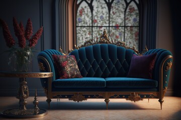 interior design of Gothic architecture living room, vintage sofa, velvet luxury sofa, gothic windows, Blue velvet, Gold, ruby