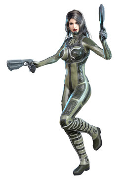 futuristic woman soldier in a grey suit, armed with guns, 3d rendering