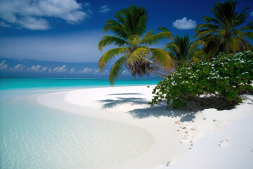 beach on a Maldives island. White sand beaches and palm palms may be seen in a tropical summer setting. Luxury travel. Generative AI