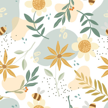 Yellow wildflowers and bees vector seamless pattern on blue textured background
