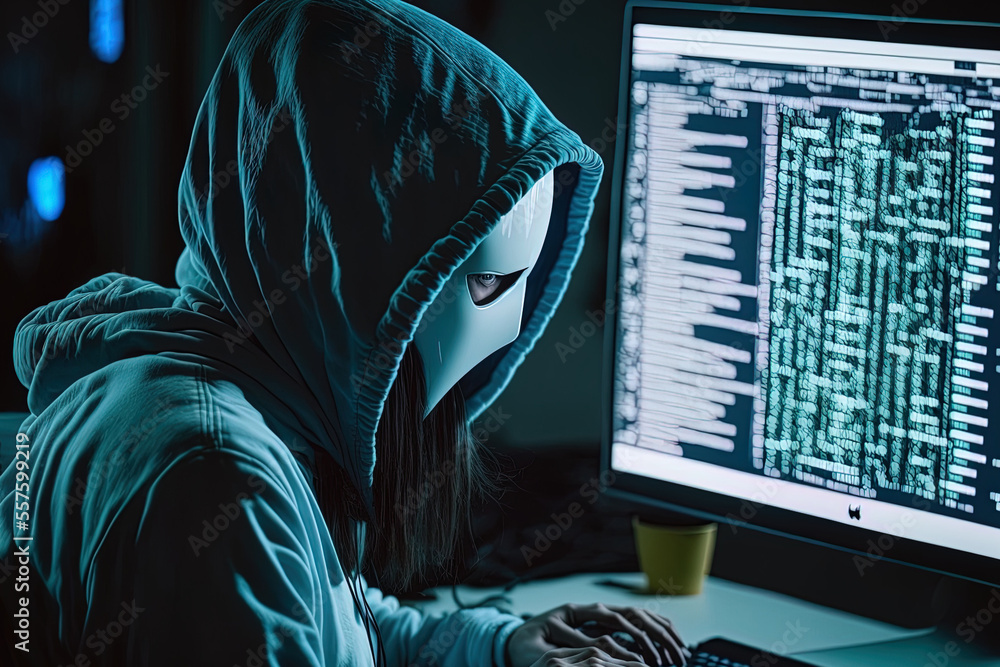 Poster hacker female uses a powerful computer to do cybercrimes while wearing a white mask. generative ai