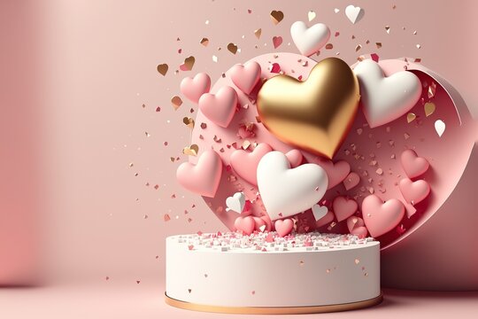 Happy valentines day podium decoration with heart shape balloon, gift box, confetti, 3D rendering illustration stock photo Valentine's Day