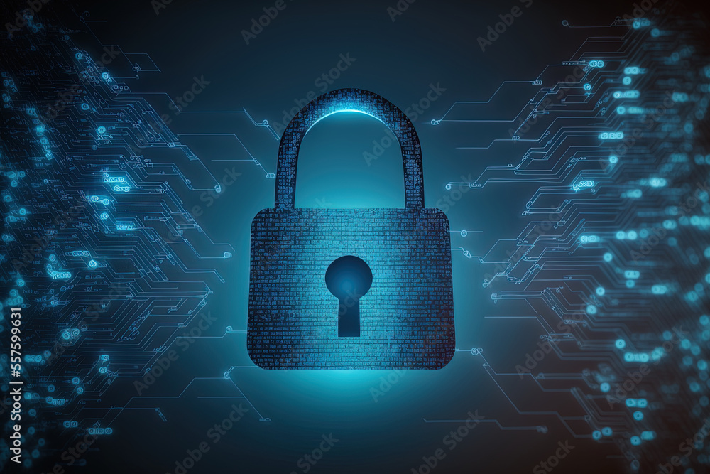 Poster internet networking technologies and the padlock symbol for cyber security businessperson defending 