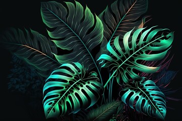 Dark green tropical leaves colorful neon light, backlight, leaves composition, plant background, manstera, palm leaves
