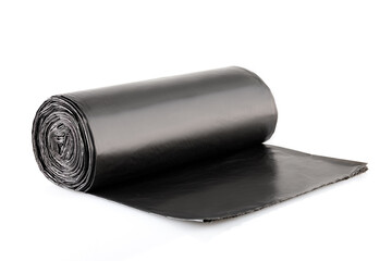Roll of black plastic garbage bags isolated on white background. Full depth of field. Close-up