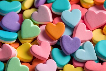 Fototapeta na wymiar Background of brightly colored candy hearts for Valentine's Day