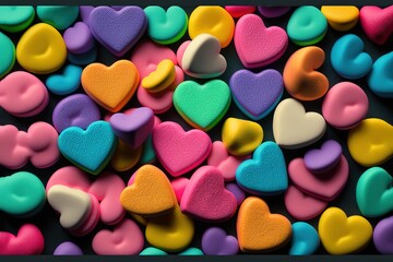 Fototapeta na wymiar Background of brightly colored candy hearts for Valentine's Day
