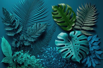 Naklejka na ściany i meble Collection of tropical leaves,foliage plant in blue color with space for copy background