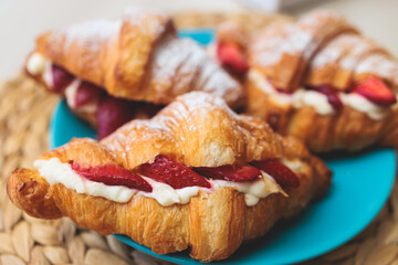 Set of coffee break in the hotel during conference meeting, with tea and coffee catering, decorated catering banquet table with variety of different pastry and bakery, with croissants and cookies