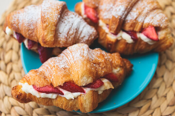 Set of coffee break in the hotel during conference meeting, with tea and coffee catering, decorated catering banquet table with variety of different pastry and bakery, with croissants and cookies