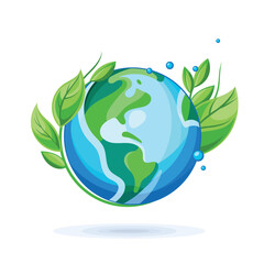 Planet earth with green leaves around. Earth day concept. Ecology friendly vector illustration - 557600254