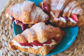 Set of coffee break in the hotel during conference meeting, with tea and coffee catering, decorated catering banquet table with variety of different pastry and bakery, with croissants and cookies