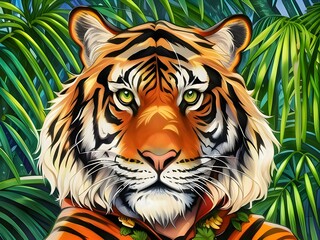 Fototapeta na wymiar Ttiger in the jungle. Tiger Animal Painting. Tiger face isolated and green leaves background.